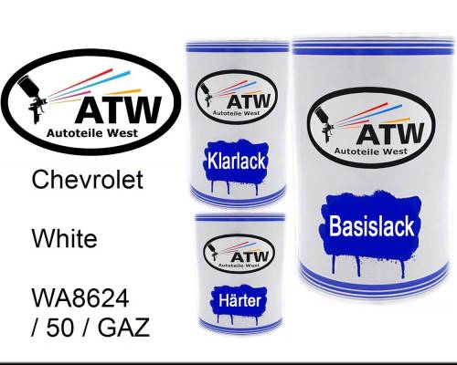 Chevrolet, White, WA8624 / 50 / GAZ: 500ml Lackdose + 500ml Klarlack + 250ml Härter - Set, von ATW Autoteile West.